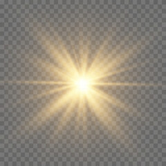 Bright Star. Transparent shining sun, bright flash. Sparks glitter special light effect. Sparkling magic dust particles. Vector sparkles.