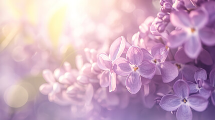 Beautiful Wide Angle soft spring background with lilac flowers. Panoramic pastel floral pink and...