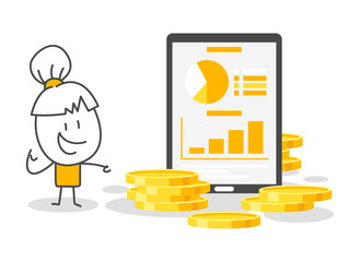 Stick figures. Earning. Isolated on white background. Hand drawn doodle line art cartoon design character.