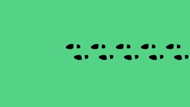 Human shoes Footstep walking in a straight line from different sides on green background. silhouettes Footsteps sign shoe footprint animation. Animation of human footsteps 4K video. Royalty free Alpha
