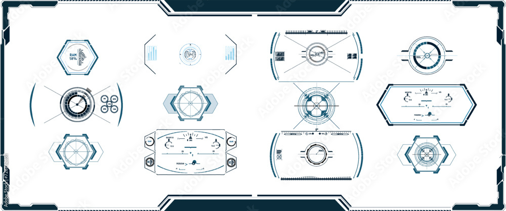 Poster step into the future: vector set of futuristic hud interface elements for a sci-fi digital display t
