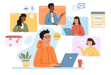 Young man on online meeting, video conference working on a laptop with colleagues or friends. Desktop team chatting vector illustration.