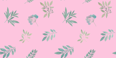Fototapeta premium Bright green leaves drawn in watercolor on a light pink background, seamless botanical pattern