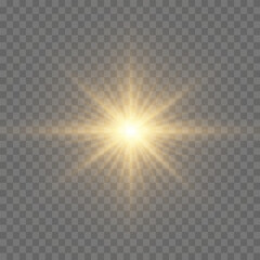 Bright Star. Transparent shining sun, bright flash. Sparks glitter special light effect. Sparkling magic dust particles. Vector sparkles.