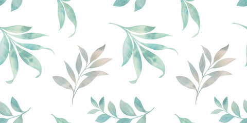 Abstract green seamless pattern with leaves. Raster illustration. branches with leaves on a white background. seamless background
