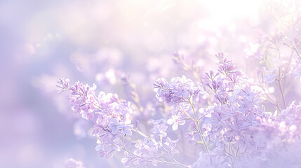 Obraz premium Beautiful Wide Angle soft spring background with lilac flowers. Panoramic pastel floral pink and purple template Web banner. greeting card with Copy Space. Illustration for Albums, notebooks.