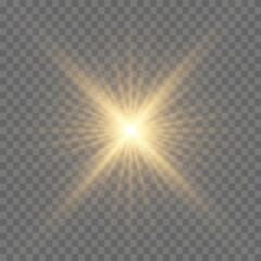 Bright Star. Transparent shining sun, bright flash. Sparks glitter special light effect. Sparkling magic dust particles. Vector sparkles.