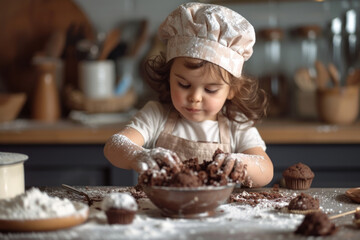 a young child, an aspiring chef's assistant, busily prepares the dough for chocolate muffins in the home kitchen