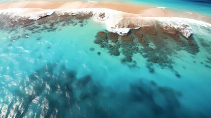 Sandy beach with light blue transparent water waves and sunlight, tranquil aerial beach scene