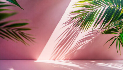 Fototapeta na wymiar abstract gradient pink studio background for product presentation empty room with shadows of window and flowers and palm leaves 3d room with copy space summer concert blurred backdrop