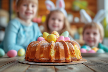 Fototapeta premium Happy Easter! Cute little children cake and Easter eggs on wooden table