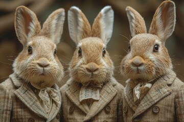A dapper pack of rabbit businessmen sporting sleek suits and expressive snouts stand confidently in an outdoor setting, representing a charming mix of sophistication and nature's simplicity