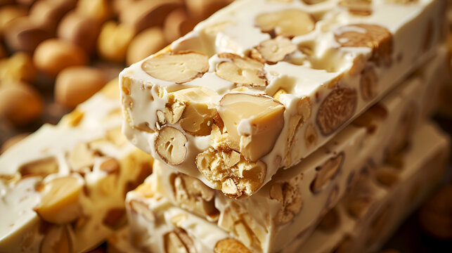 Traditional Spanish turron with almonds, close up. Pieces of almond turron, Spanish nougat. Traditional sweets. Authentic almond nougat, turron from Spain
