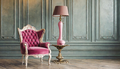 Art Deco interior in classic style with pink armchair and lamp.3d rendering