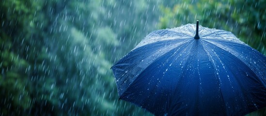 Blue umbrella in heavy rain against a natural backdrop represents the concept of rainy weather. - obrazy, fototapety, plakaty