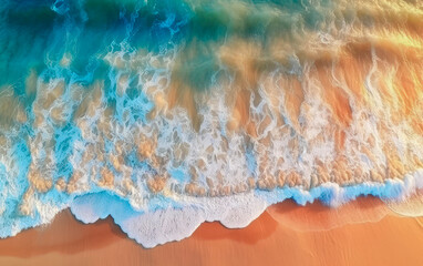 Aerial plan view of waves kissing the sandy shore. A dance of colors and textures, embodying the serene meeting of land and sea