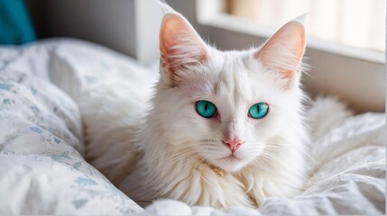 A white domestic shorthair cat with blue eyes relaxing on a blanket