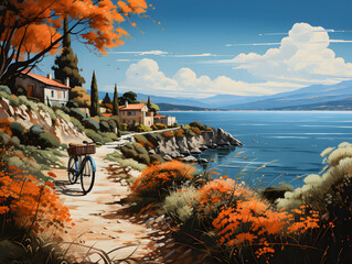 bicycle on a cliff overlooking the lake with flower basket atop