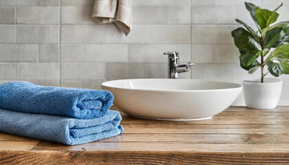 Obraz na płótnie Canvas Bathroom Interior Design With Blue Towels and Empty Wooden Floor