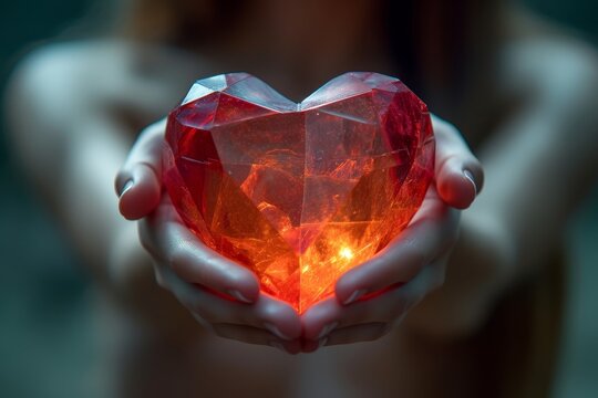 A delicate touch of love, captured in a closeup of a hand holding a glowing red heart