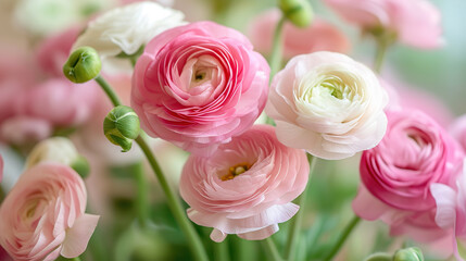 Set with beautiful spring ranunculus Flowers on Background. Banner design. Illustration for Albums, notebooks. Web banner. greeting card with Copy Space
