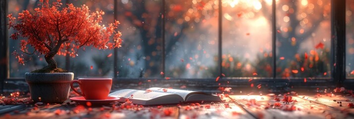 As the morning sun shone through the trees, the fiery red flowers fell onto the open book on the outdoor table, creating a warm and cozy autumn atmosphere perfect for sipping a cup of hot coffee - obrazy, fototapety, plakaty