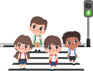 Cute cartoon children crossing the crosswalk by color traffic light.