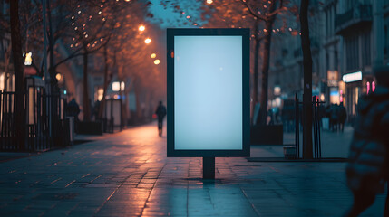Minimalistic ad advertising with blank white empty paper board frame billboard sign template with copy space for text on the city street at night, outdoor business announcement promotion concept