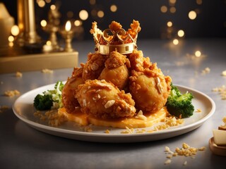 Epicurean Poultry Majesty: A Captivating Portrait of Cheesy Fried Chicken, where Gastronomic Royalty Meets Crispy Elegance under a Golden Spotlight.