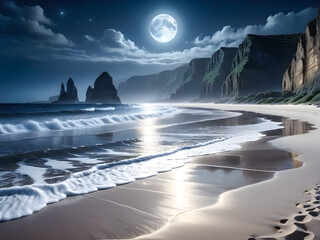 Mystical Moonlit Serenity: Enigmatic Night on the Beach with Silver Sands and Misty Cliffs. generative AI