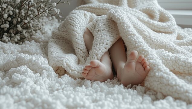 The peaceful image captures the innocence of a newborn, deep in sleep, laying indoors with their tiny feet tucked under a warm blanket during a quiet nap