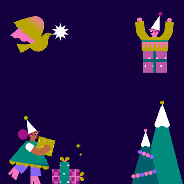 Instagram Happy holidays illustration. Christmas town, snowflakes, gifts, christmas tree, bear and elfes