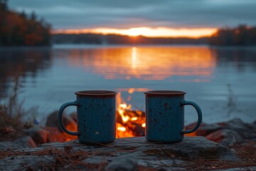 As the sun rises and sets over the peaceful river, two mugs sit atop a rock by the fire, reflecting the stunning outdoor scenery while the kettle boils for a morning cup of coffee