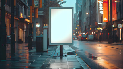 Minimalistic aesthetic ad advertising with blank white empty paper board frame billboard sign template with copy space for text on the city street, outdoor business announcement promotion concept