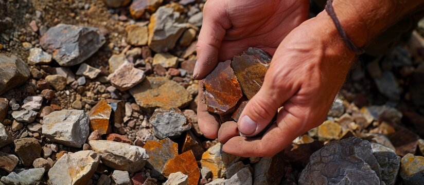 Collecting rock samples, including Mahogany Obsidian, by hand for mineral specimen collecting.