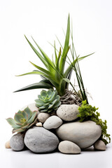 A decorative composition of green succulents and stone, creating a botanical home interior.