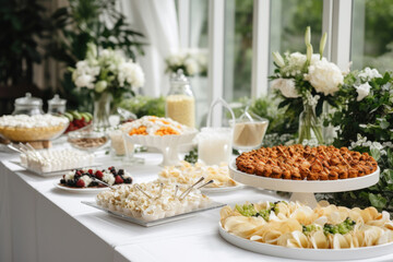 An elegant and stylish gourmet buffet table with a variety of delicious appetizers and dishes.