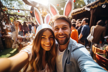 A joyful couple takes a delightful Easter selfie outdoors, sharing smiles and happiness during celebrations.