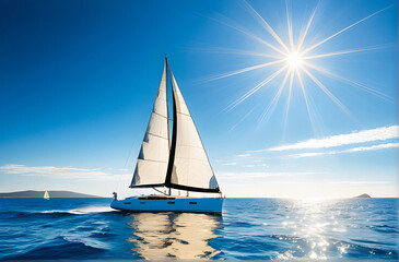 Sailing Serenity: Graceful Sailboat Dance on Azure Waters in Radiant Sunlight. generative AI