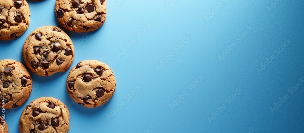 Aufkleber white packaged chocolate chip cookies on blue background with top view and empty space.