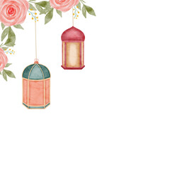 Watercolor Islamic Floral Lantern Border Decoration