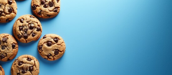 White packaged chocolate chip cookies on blue background with top view and empty space. - Powered by Adobe