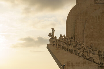 Close up of monument to the Discoveries or Padrao dos Descobrimentos during sunset, Lisbon, Portugal