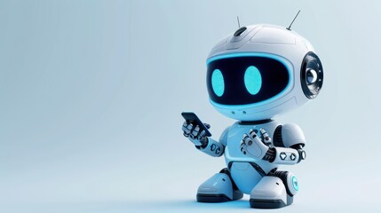 Adorable 3D Robot Character Interacting with Advanced Technology Smartphone Interface. 
