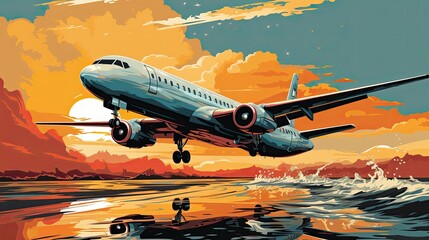 
Colorful illustration of an airplane taking off in the sun. Air flight, tour, happy trip, flight, travel packages, booking, buying air tickets. The plane takes off at the airport art in pop art style - obrazy, fototapety, plakaty