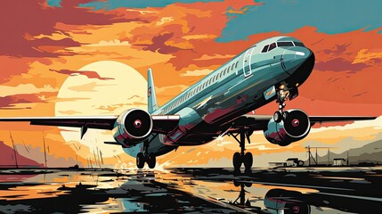
Colorful illustration of an airplane taking off in the sun. Air flight, tour, happy trip, flight, travel packages, booking, buying air tickets. The plane takes off at the airport art in pop art style