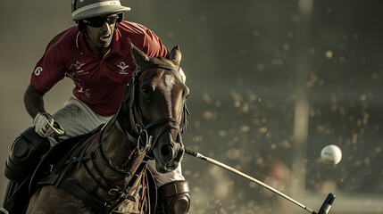 Horse polo player hit the ball with a mallet in action. 