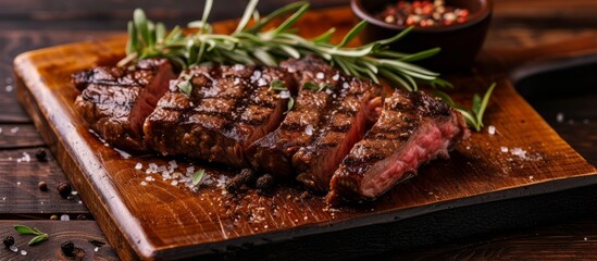 Grilled ribeye steak with spices on a wood board.