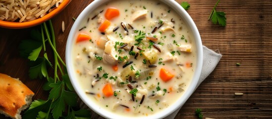 Top view of a white bowl with homemade creamy soup containing chicken, vegetables, and wild rice.