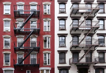 New York City old fashioned apartment buildings with external fire ladders - 726766467